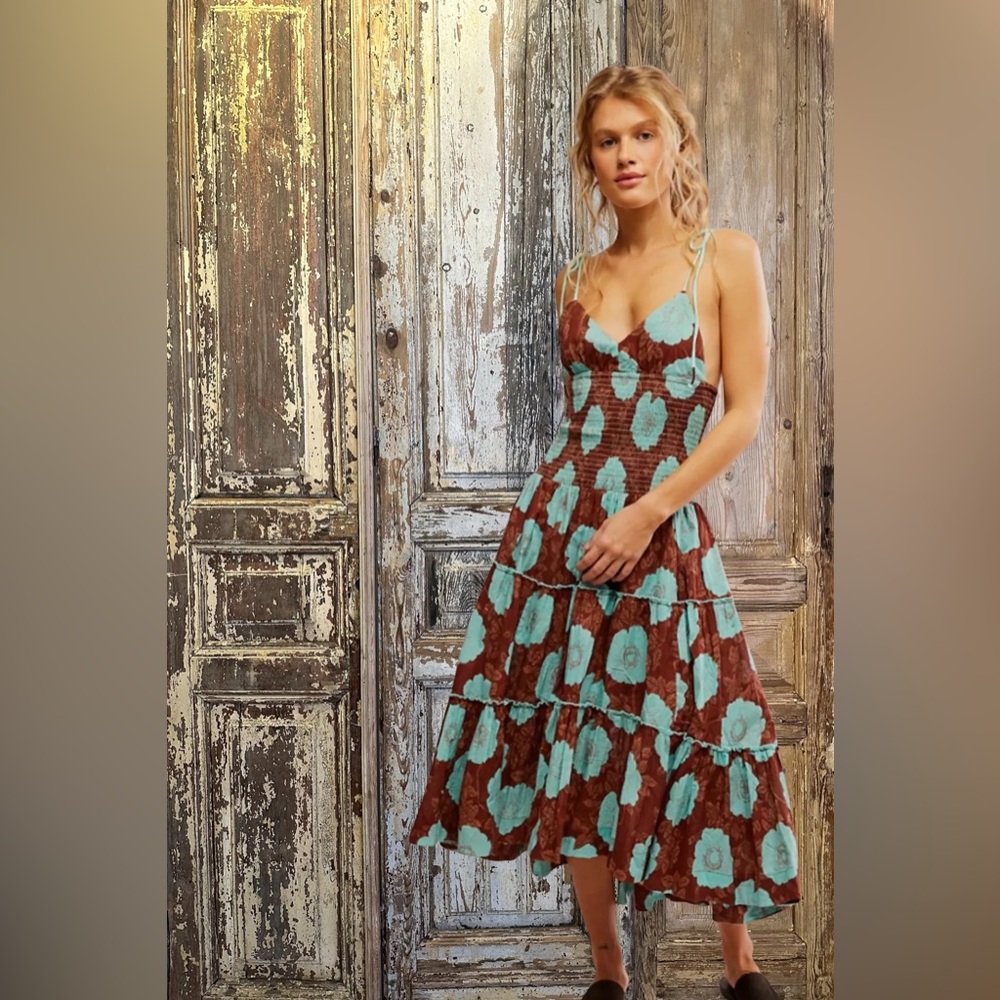 Free People Adriel Tie Strap Tiered floral print knee length  Cotton Midi Dress